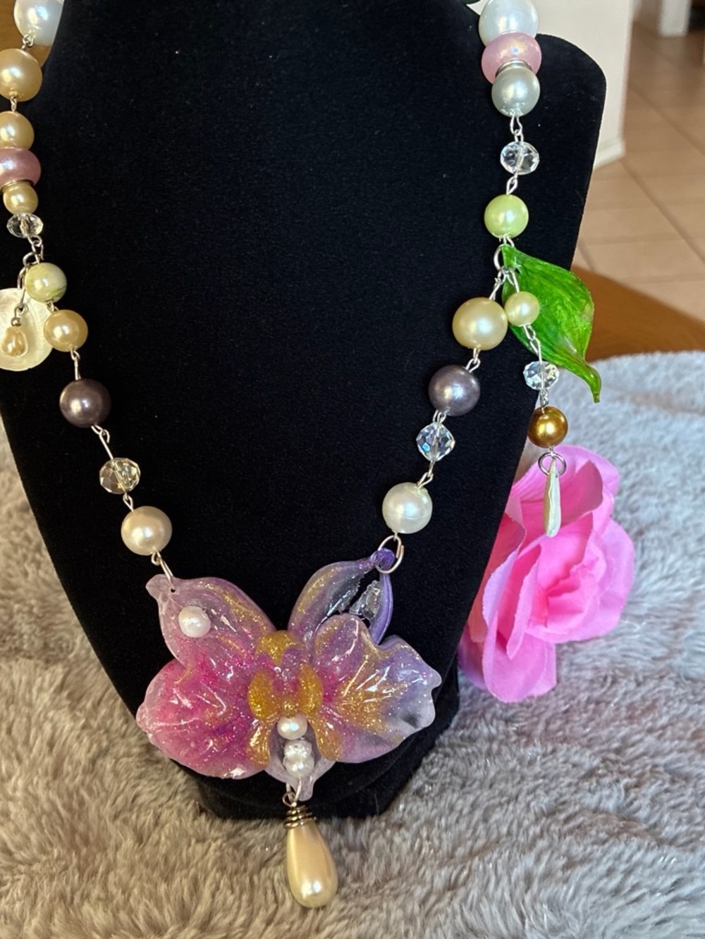 Handmade Pink & Iridescent Floral Statement Necklace - Picture 6 of 6